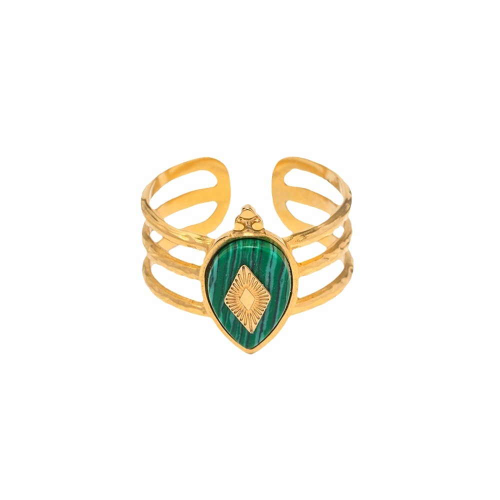 Africa Malachite Open Ring | 18 K Gold Plated Stainless Steel Ring with Natural Malachite