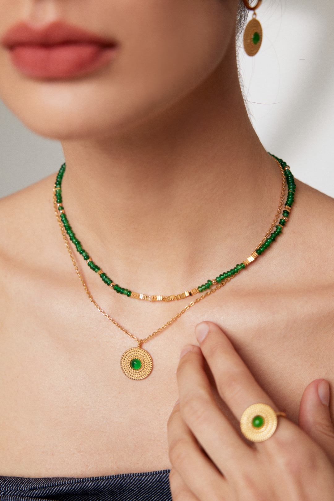 Green Gem Gold Beaded Necklace